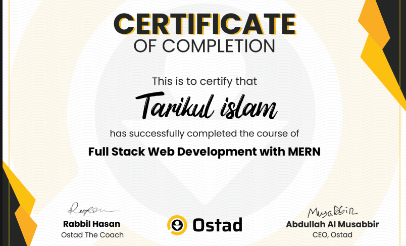 Ostad certificate: Full Stack Web Development with MERN