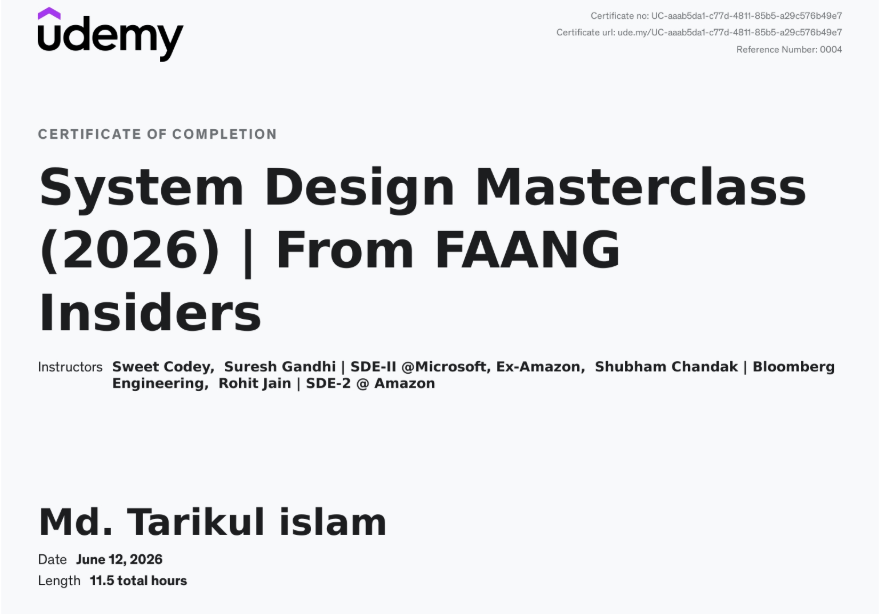 Udemy certificate: System Design Masterclass (2026) | From FAANG Insiders